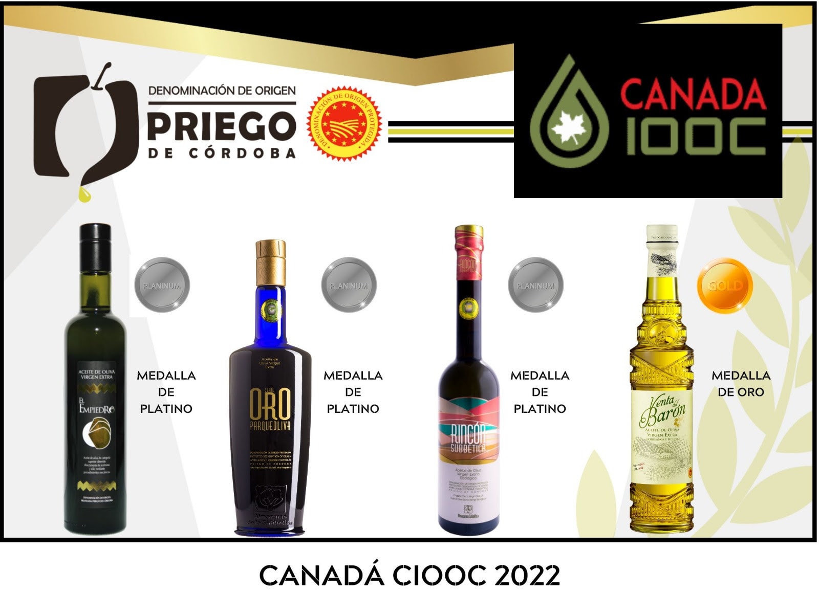 Cuatro firmas de la D.O.P. Priego de Córdoba Premiadas en el Concurso Internacional de Canadá 2022
